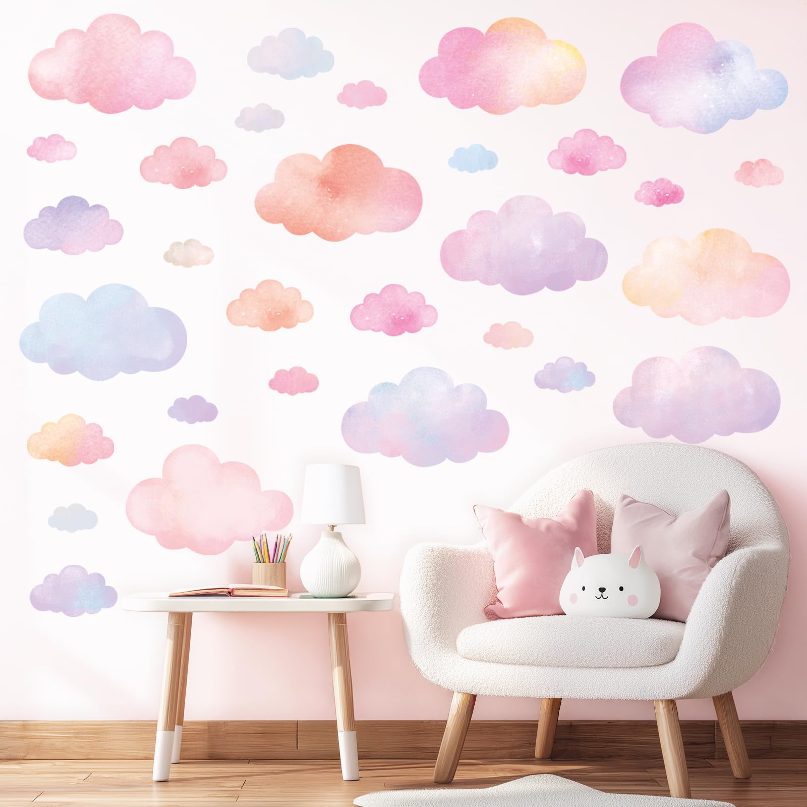 DECOWALL DS4-8094 watercolor sky clouds create a calming playroom backdrop.