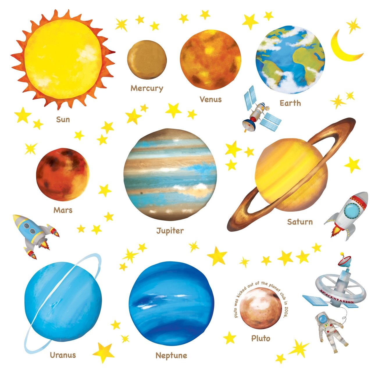 Decowall DS8-1307 Planets in Space wall stickers brighten a kid's room with a playful cosmic scene.