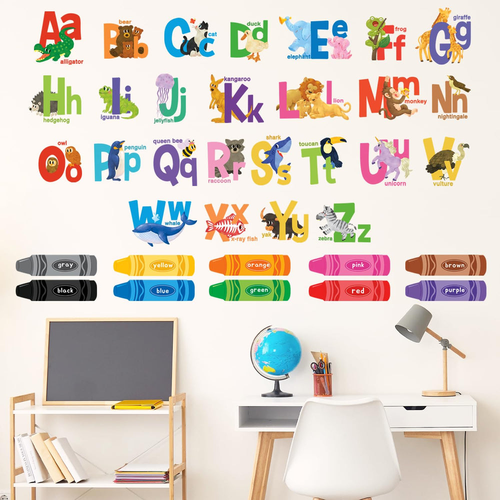 DECOWALL DS9-8091 educational vibe with letters, numbers, and crayons spark curiosity.
