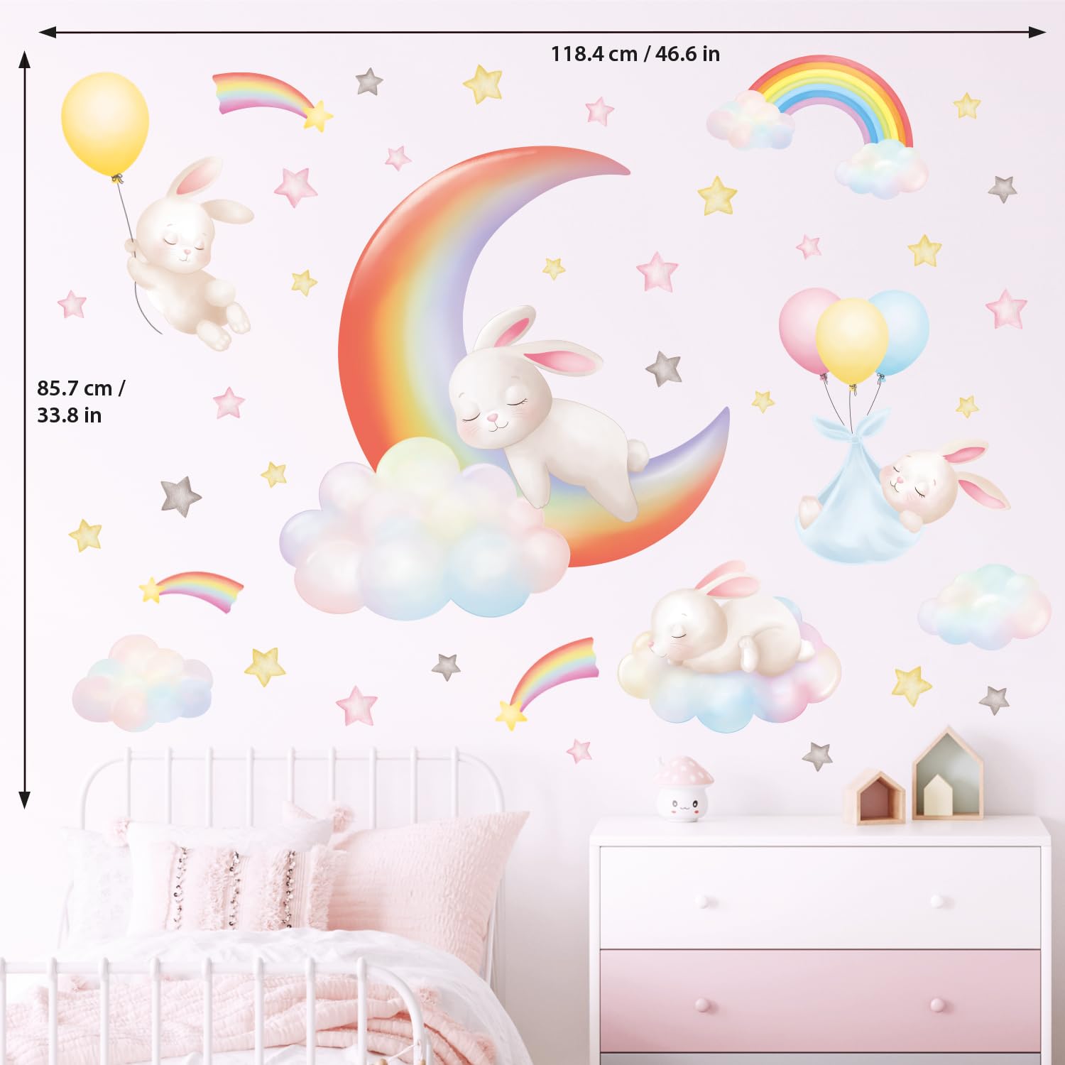 Decowall rainbow moon clouds and rabbits decals designed by DECOWALL artists