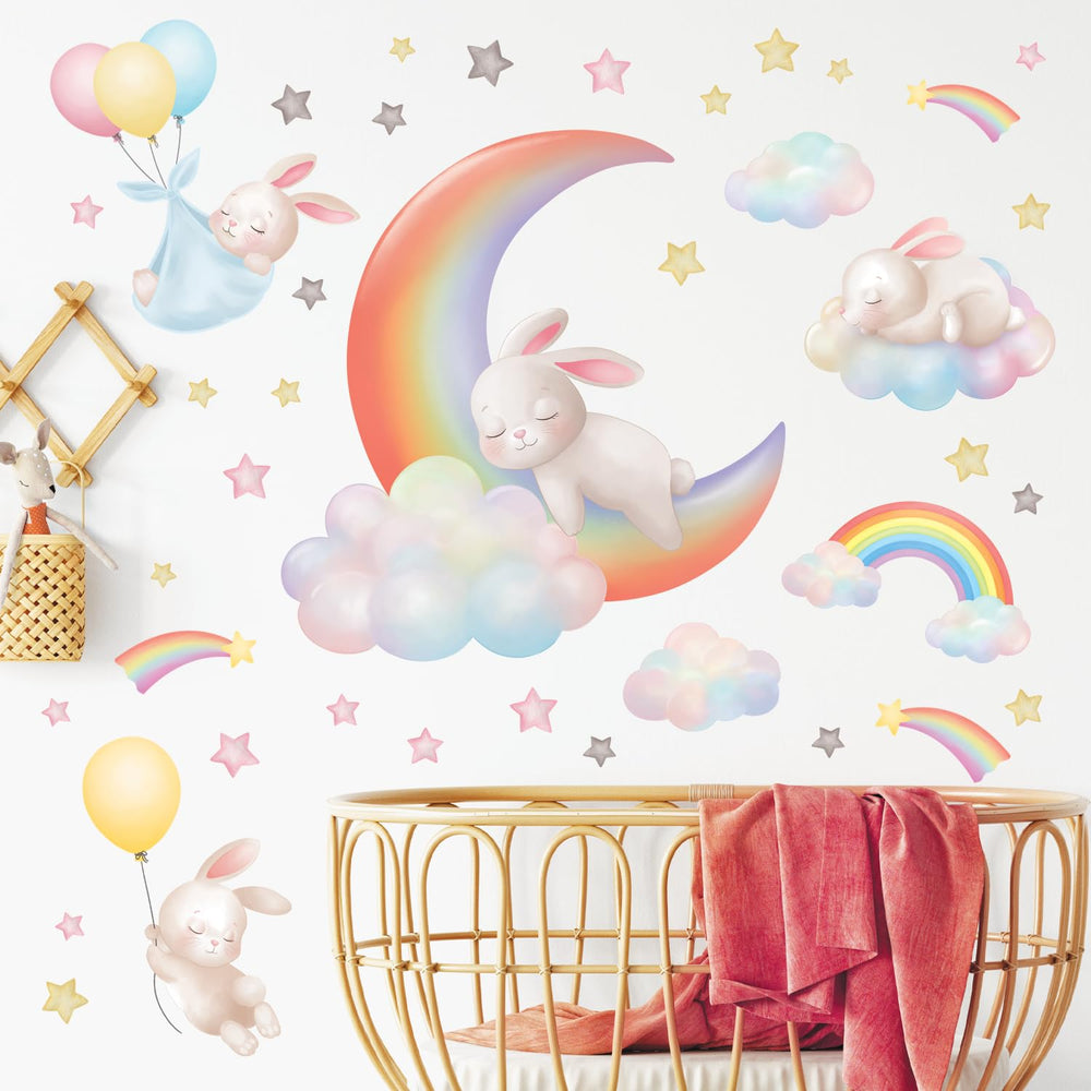 Decowall Rainbow Moon Clouds and Rabbits wall stickers brighten a girl's room for imaginative play