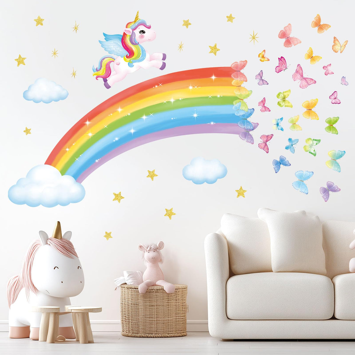 DECOWALL rainbow unicorn butterflies clouds wall decal pack for kids' room