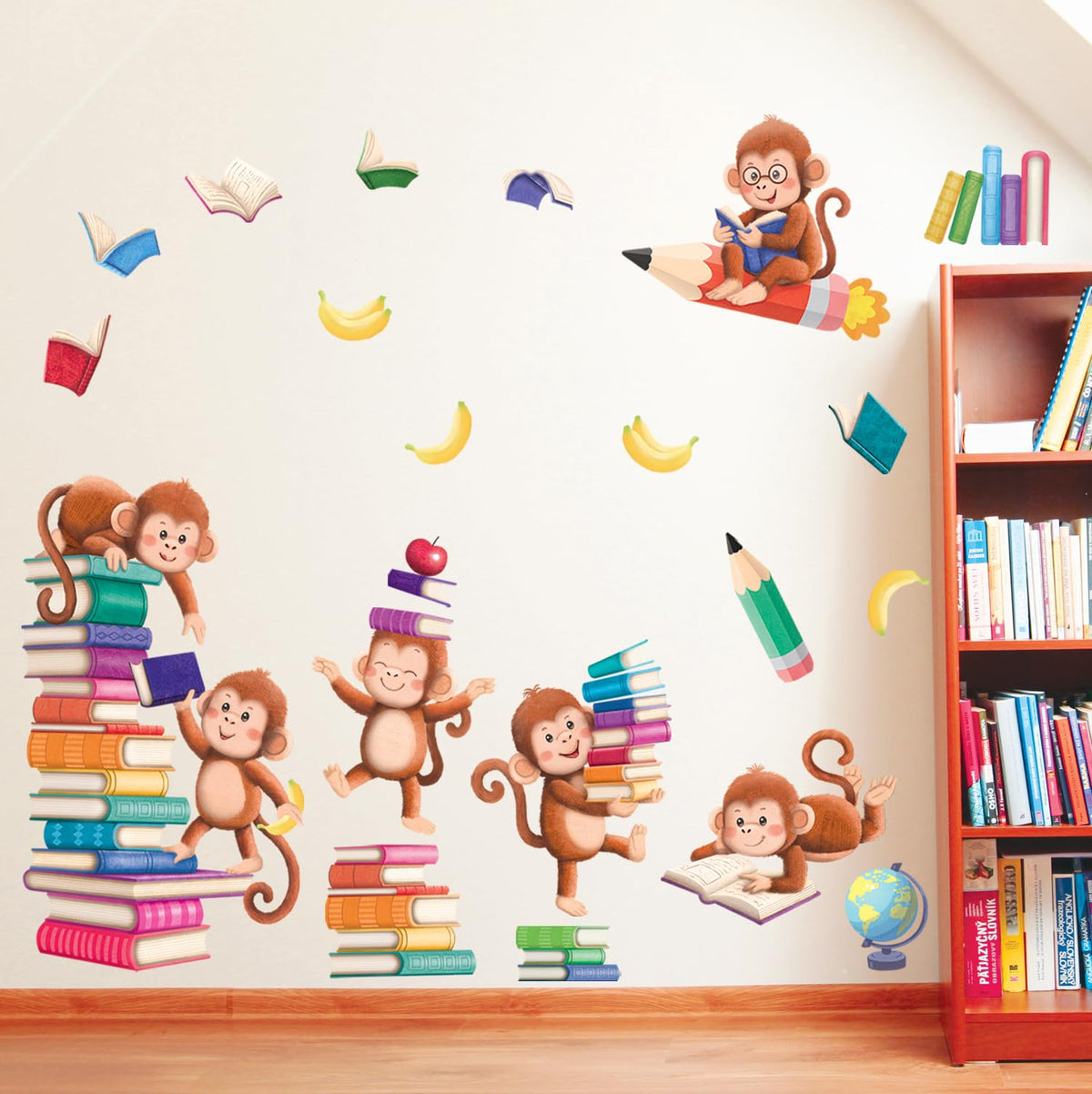 DECOWALL SG2-2402 monkeys reading books wall sticker brightening a cozy study nook.