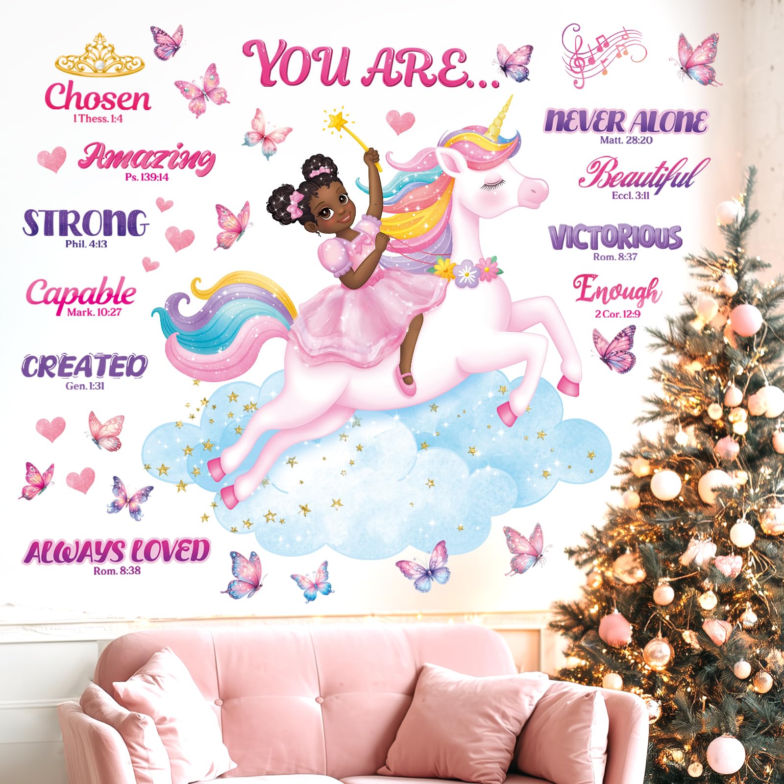 DECOWALL SG2-2503 black girl unicorn bible verse stickers brighten a child’s room.