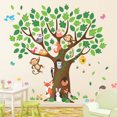 DECOWALL SG4-2211 giant tree wall stickers brighten kids' room with monkey and bird motifs.