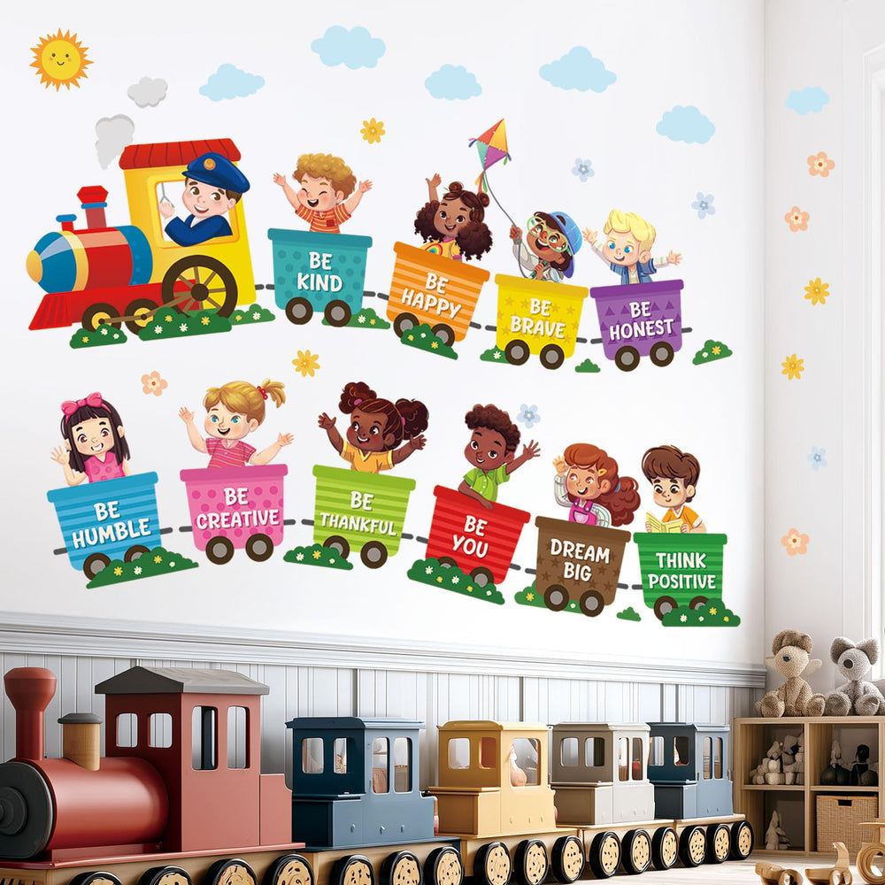 DECOWALL Train wall sticker for kids with a colorful scene brightens nurseries and playrooms.