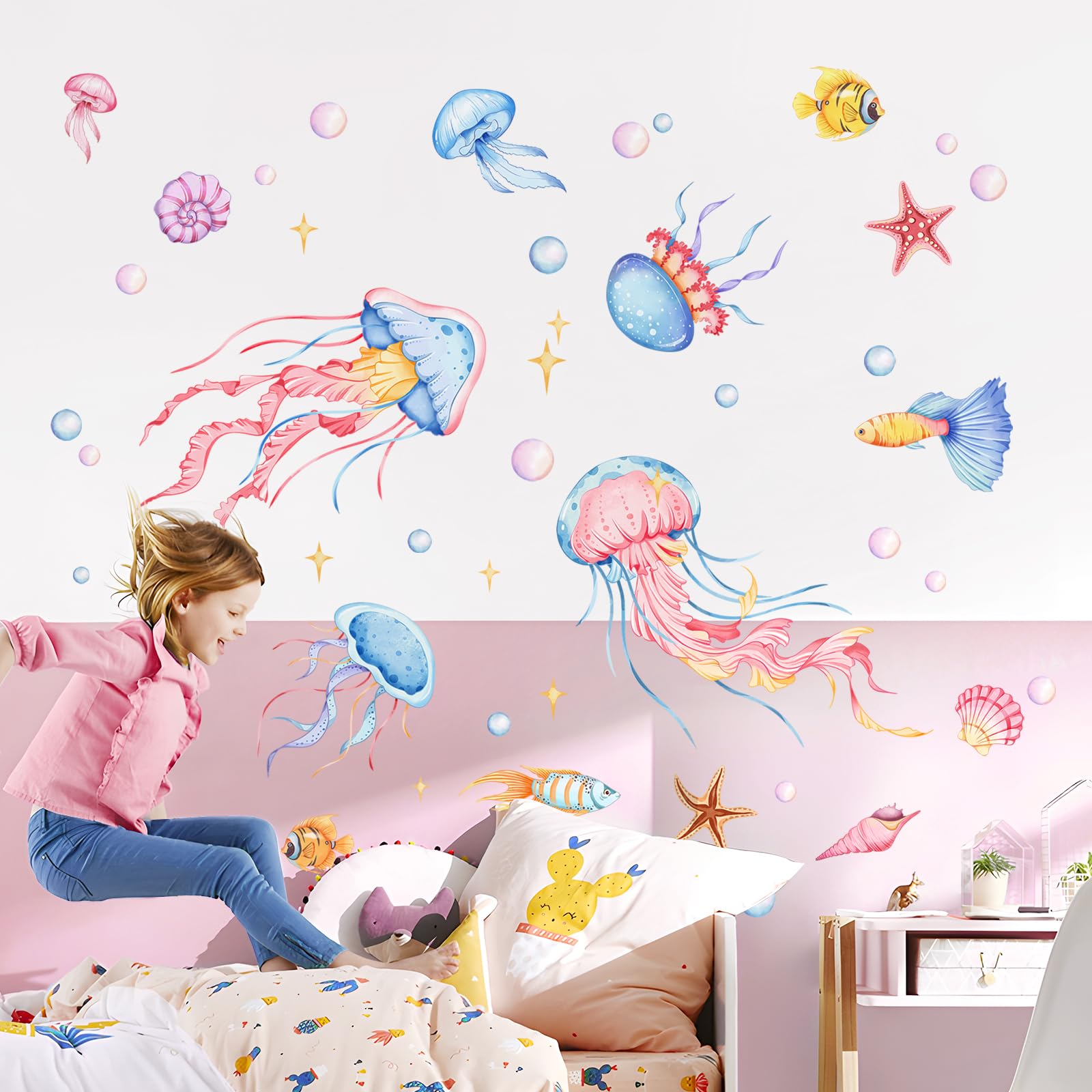 Decvictor blue jellyfish wall sticker set enhances kid's room with vibrant marine accents