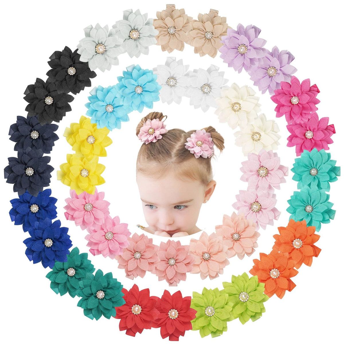 DED chiffon flower clip with rhinestone embellishment for secure hold in fine hair.