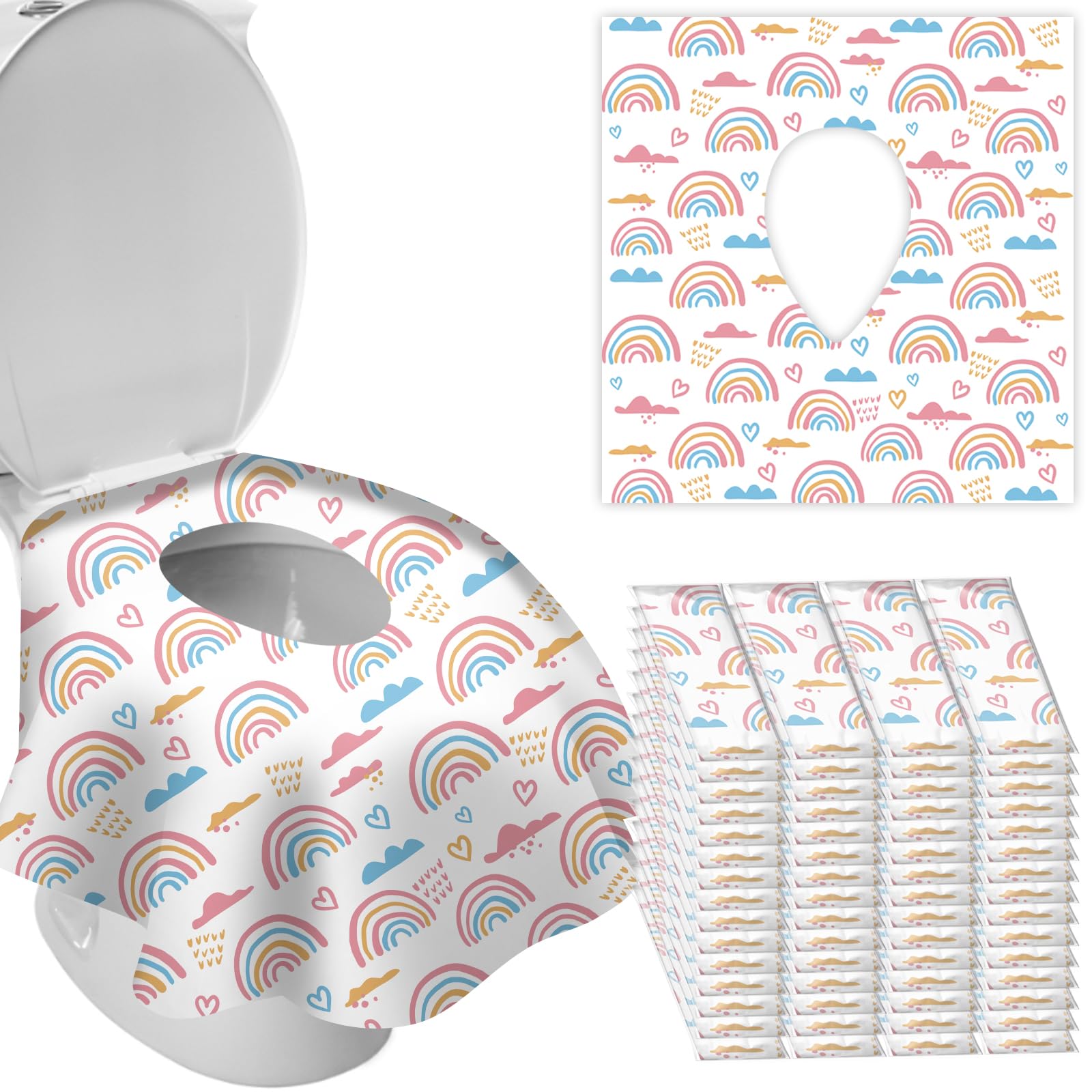 DEEKI rainbow pattern toilet seat cover for portable, hygienic public restrooms.