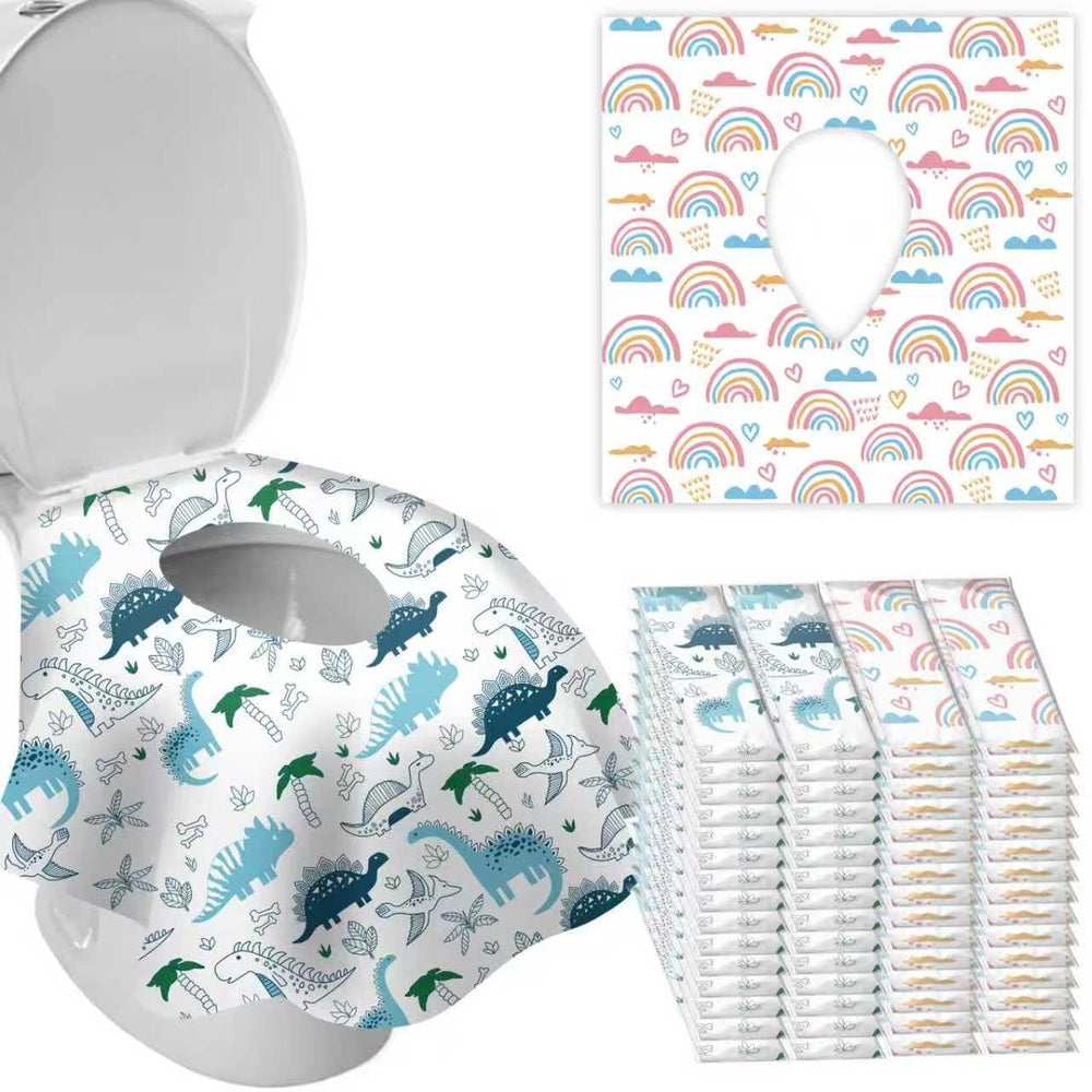 DEEKI rainbow-pattern toilet seat covers for quick clean use in public restrooms.