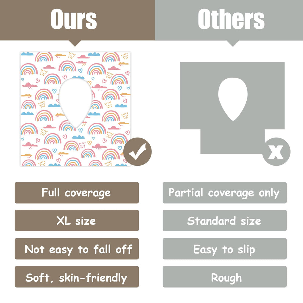 DEEKI rainbow-pattern toilet seat covers provide full coverage on standard toilets.