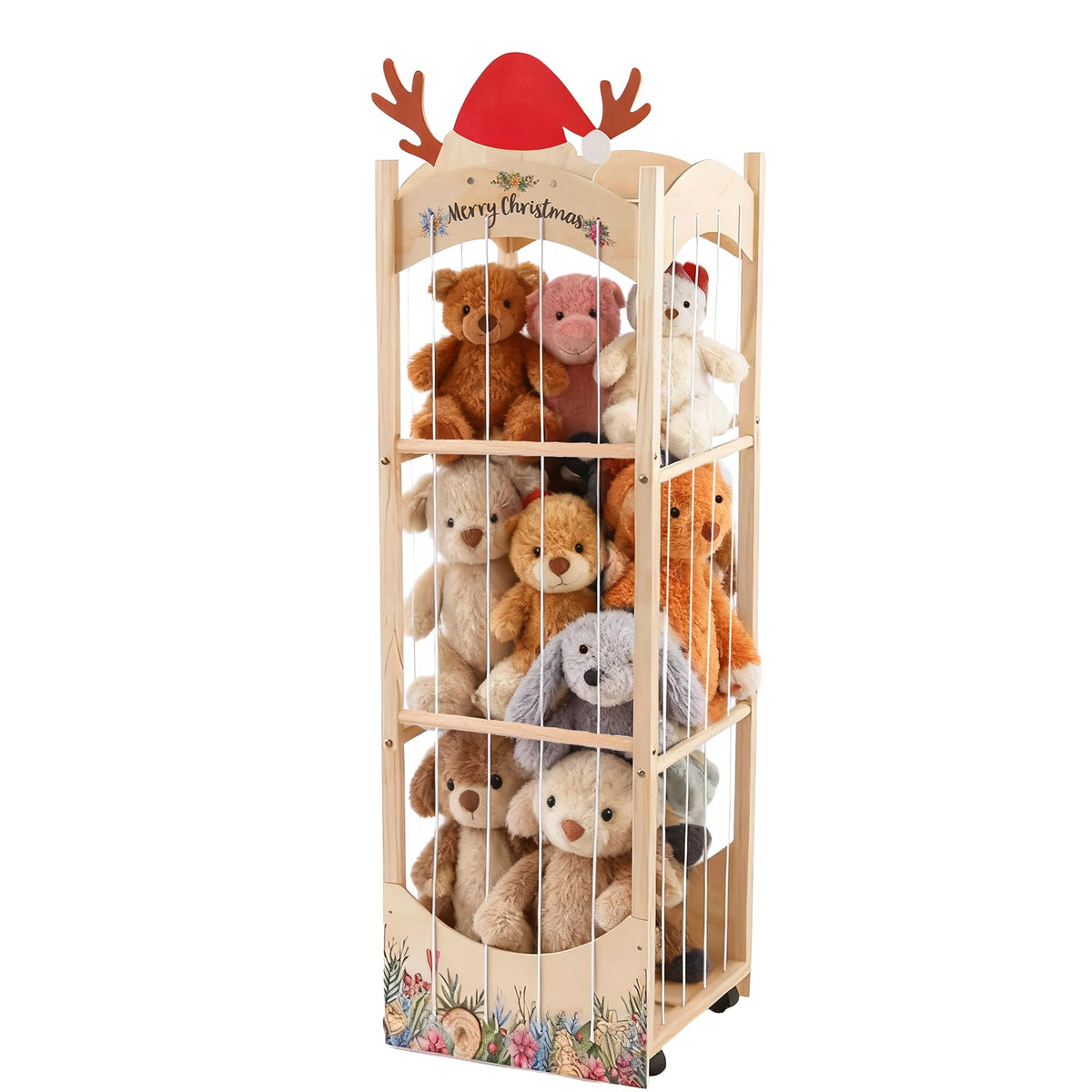 Deepredcoast stuffed animal storage with reindeer hat keeps toys organized.