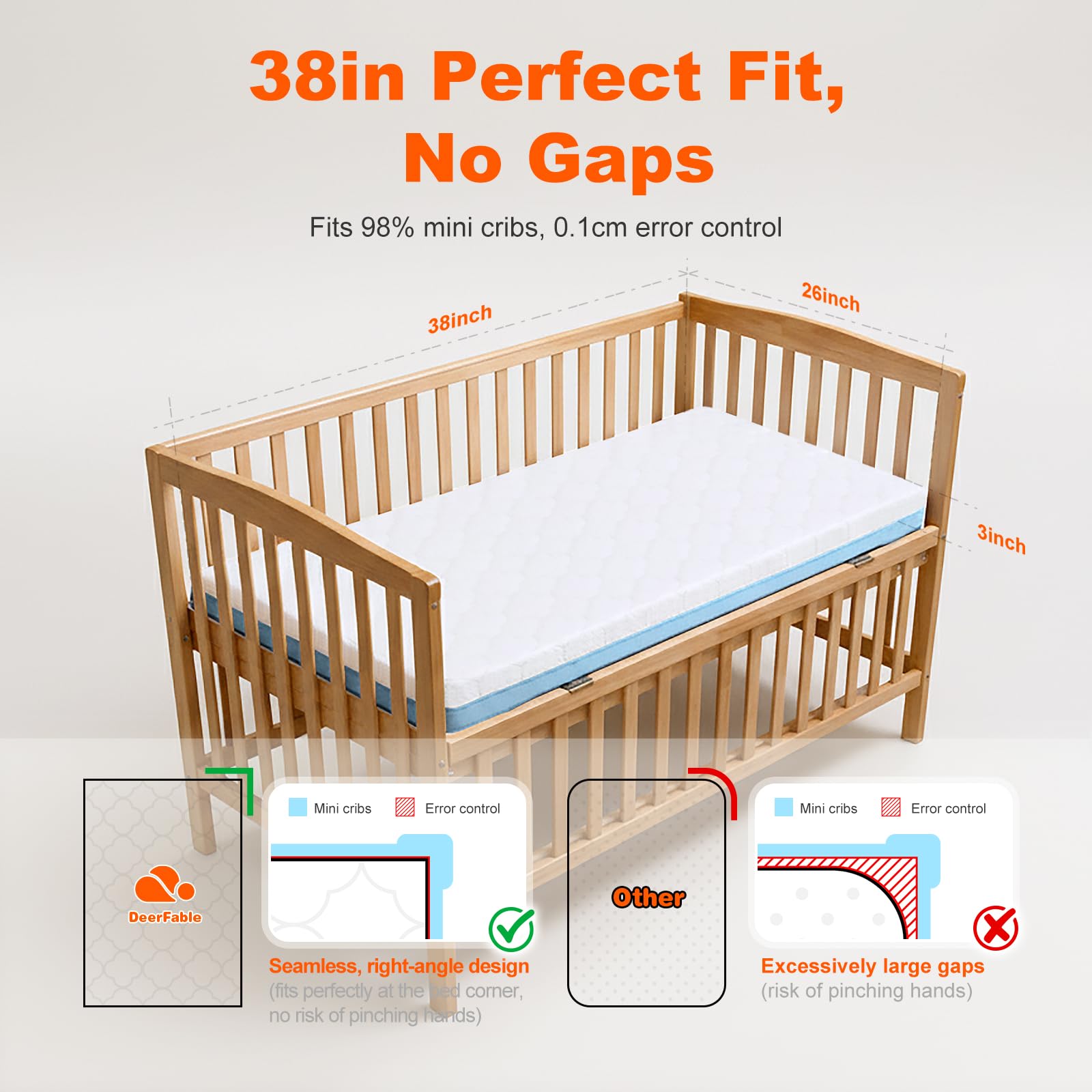 DeerFable mini crib compatibility with a snug 38x26x3 inch fit.