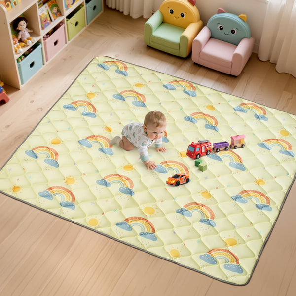 Deeteck baby play mat with rainbow design provides a spacious tummy time area.