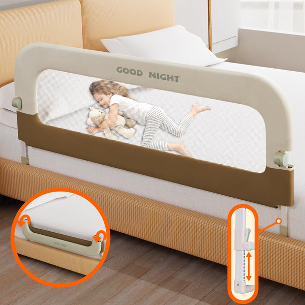 Deeteck bed guard rail 59in extended frame stabilizes a toddler's sleep.