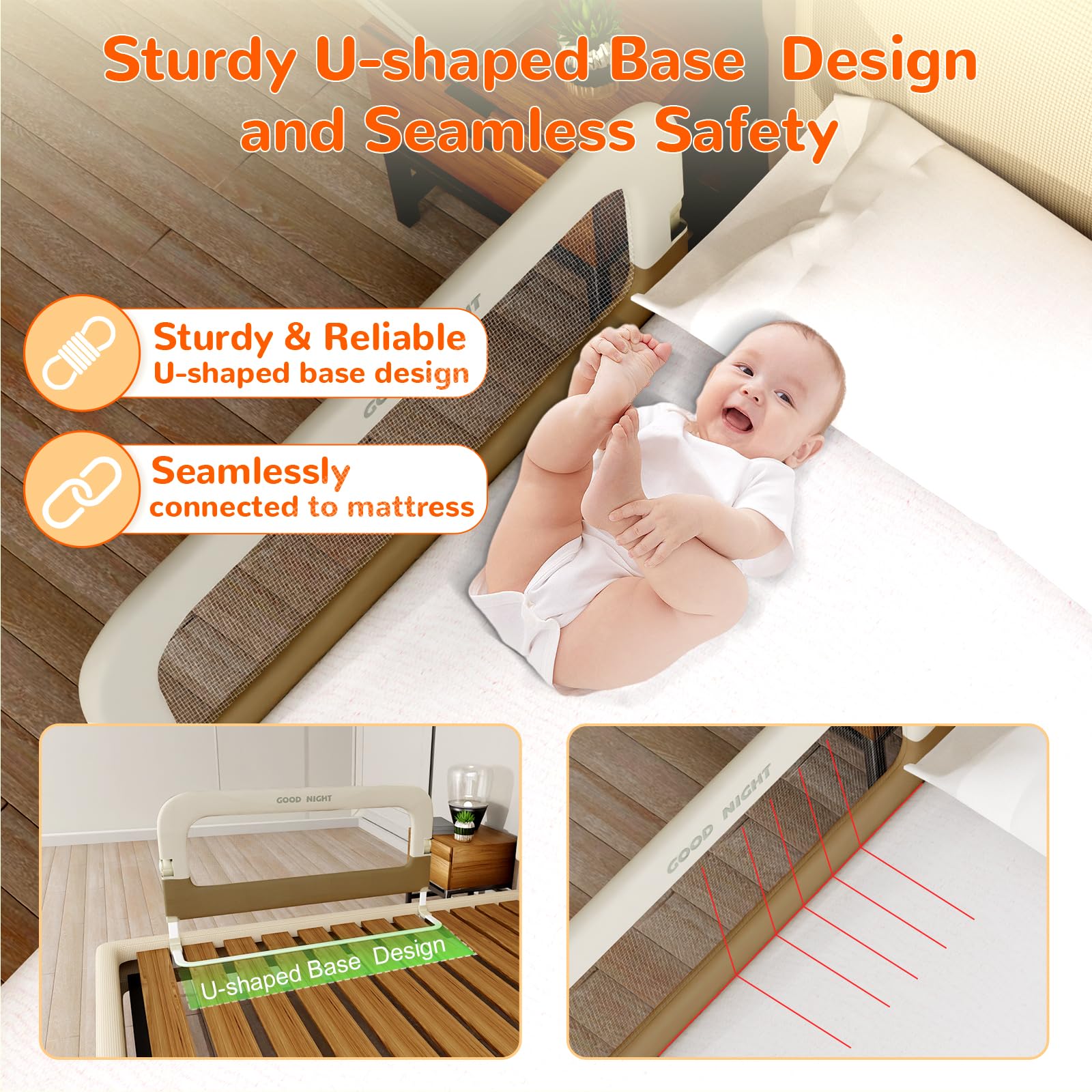 Tool-free installation of Deeteck bed guard rail between mattress and frame