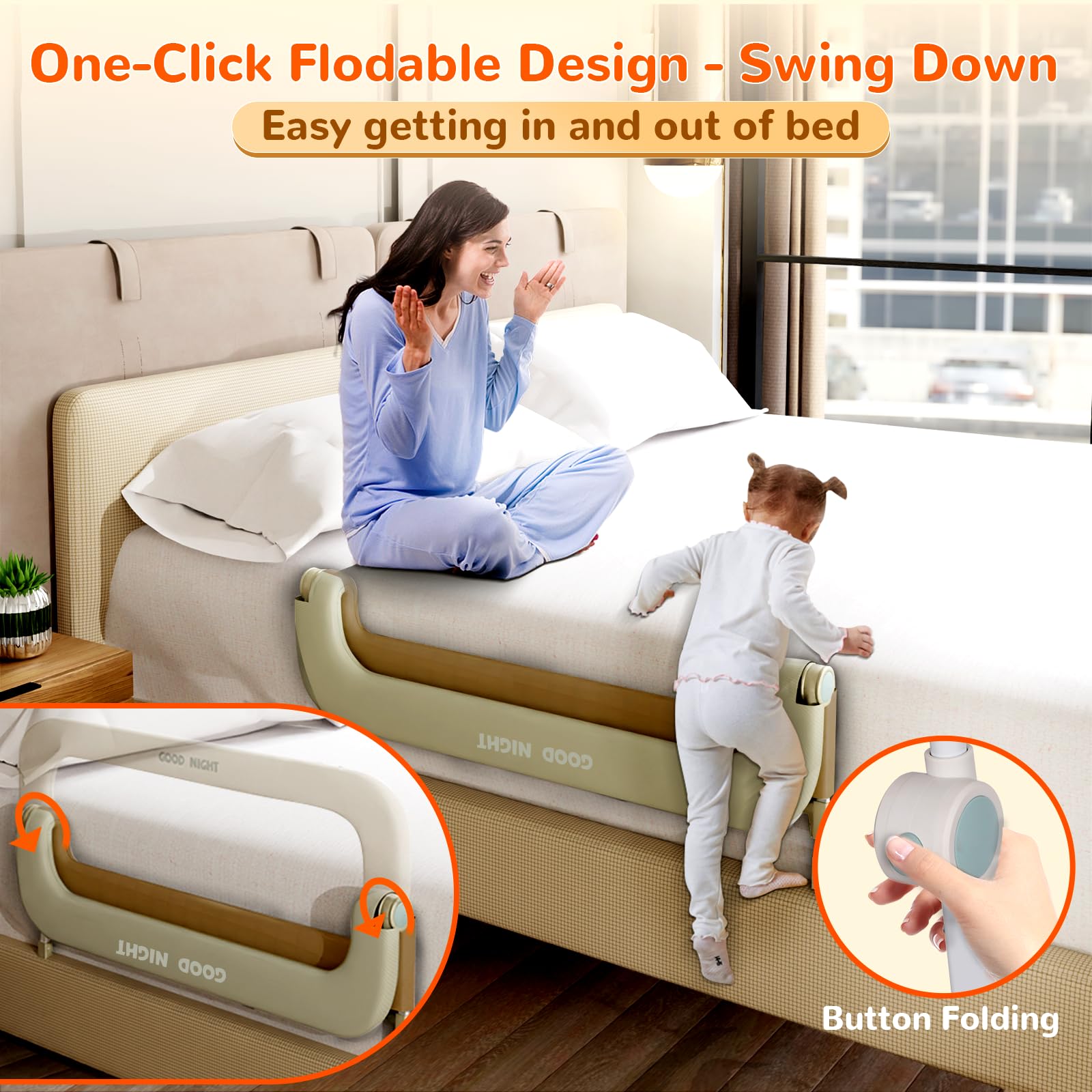 Deeteck bed guard rail folding-action enables quick folding for easy bed access
