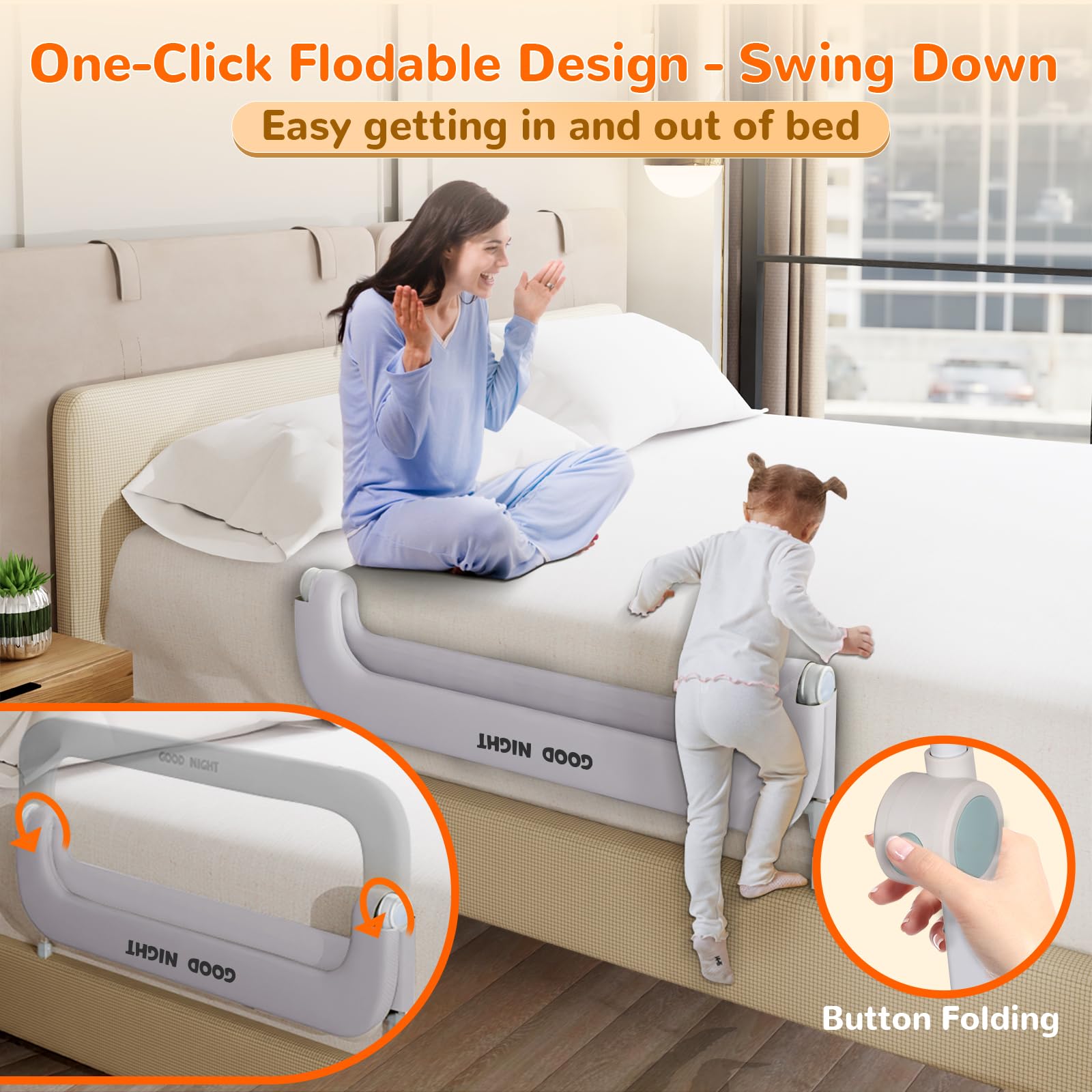 Deeteck bed guard rail folding design for easy bed access