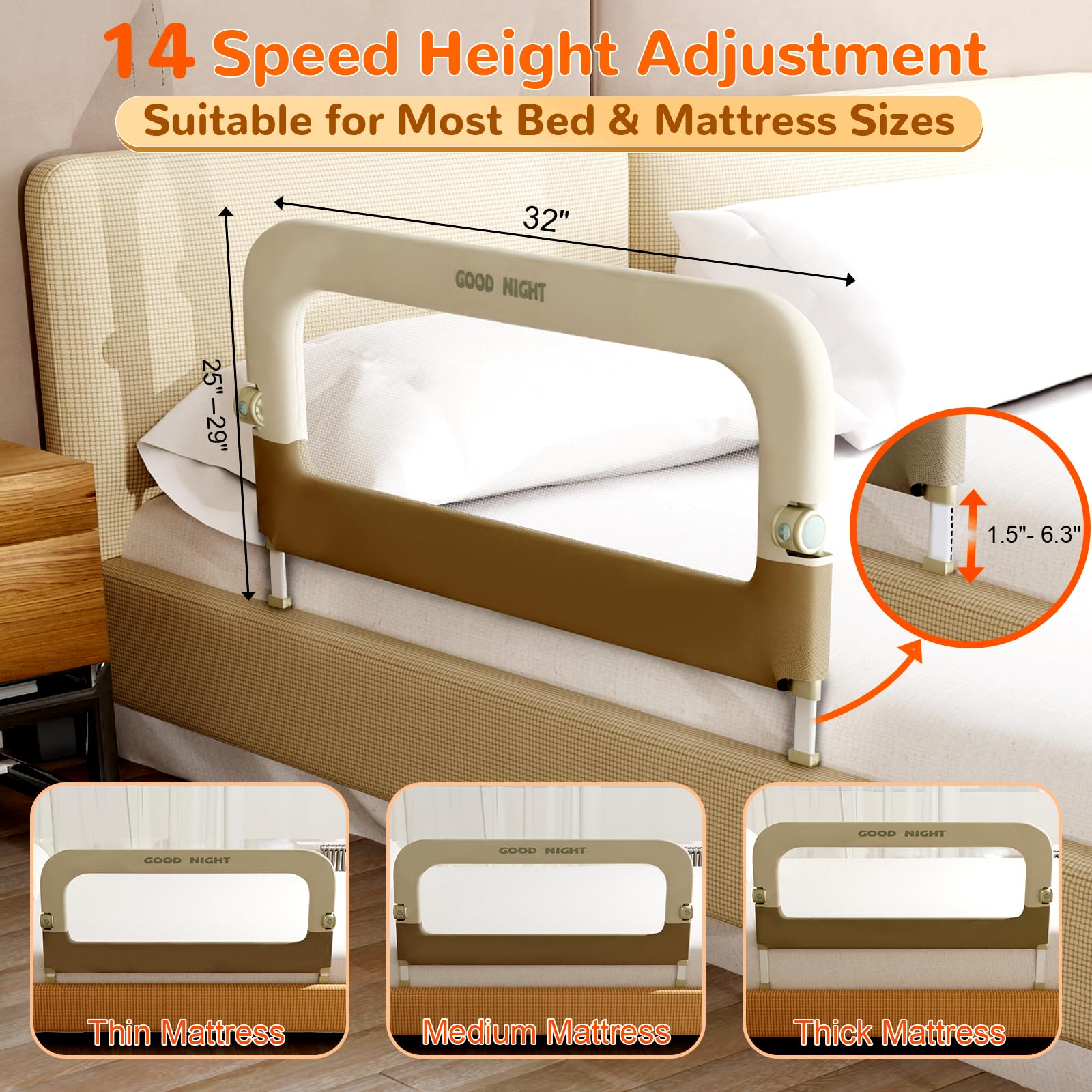 Deeteck bed guard rail height-adjustment supports different mattress heights for versatility