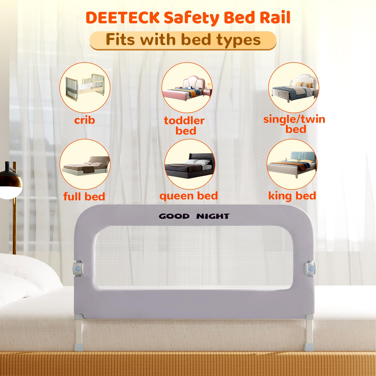 Deeteck universal-fit guard rail works with crib and larger beds from twin to king.