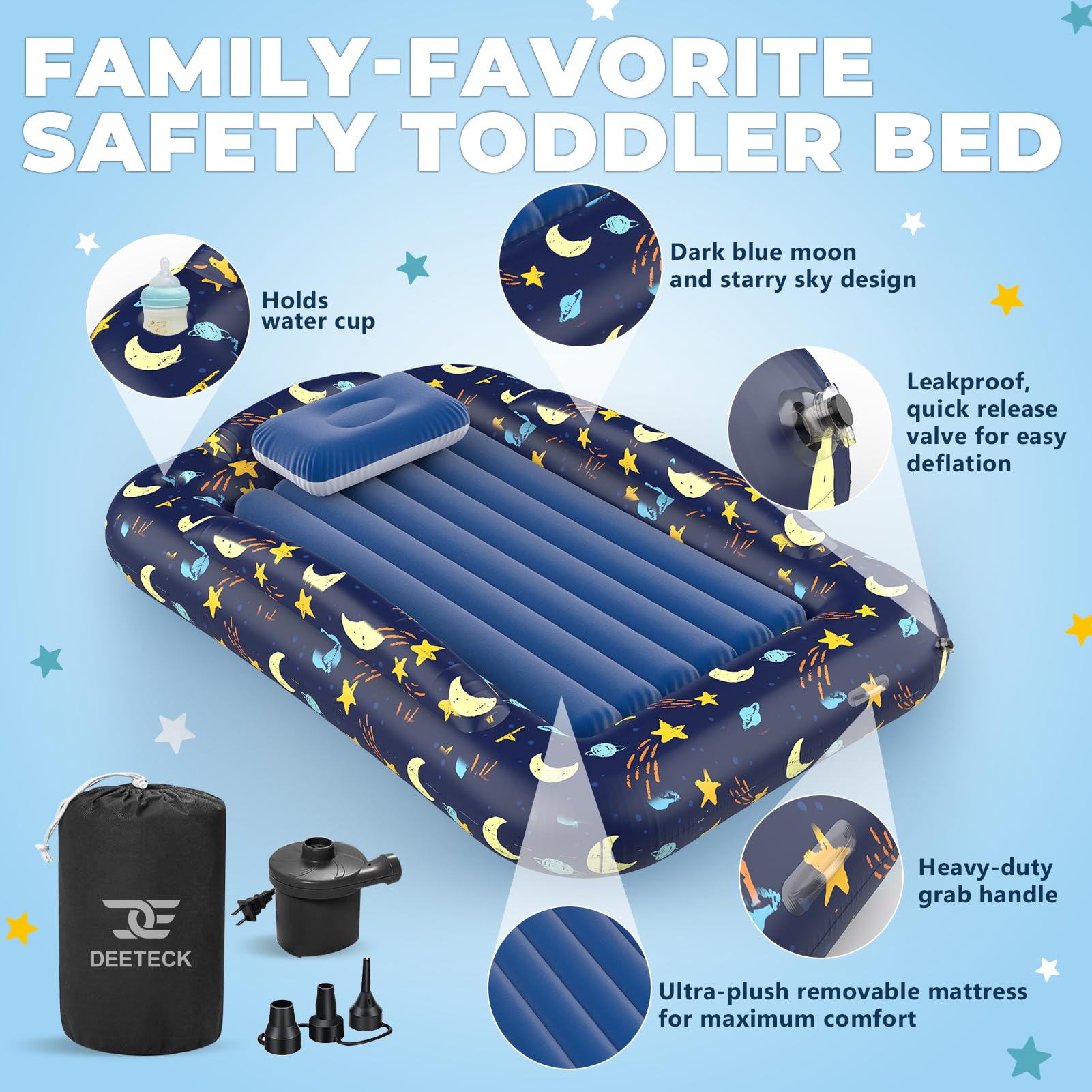 Deeteck inflatable toddler bed setup shows quick inflation and compact deflation during travel.