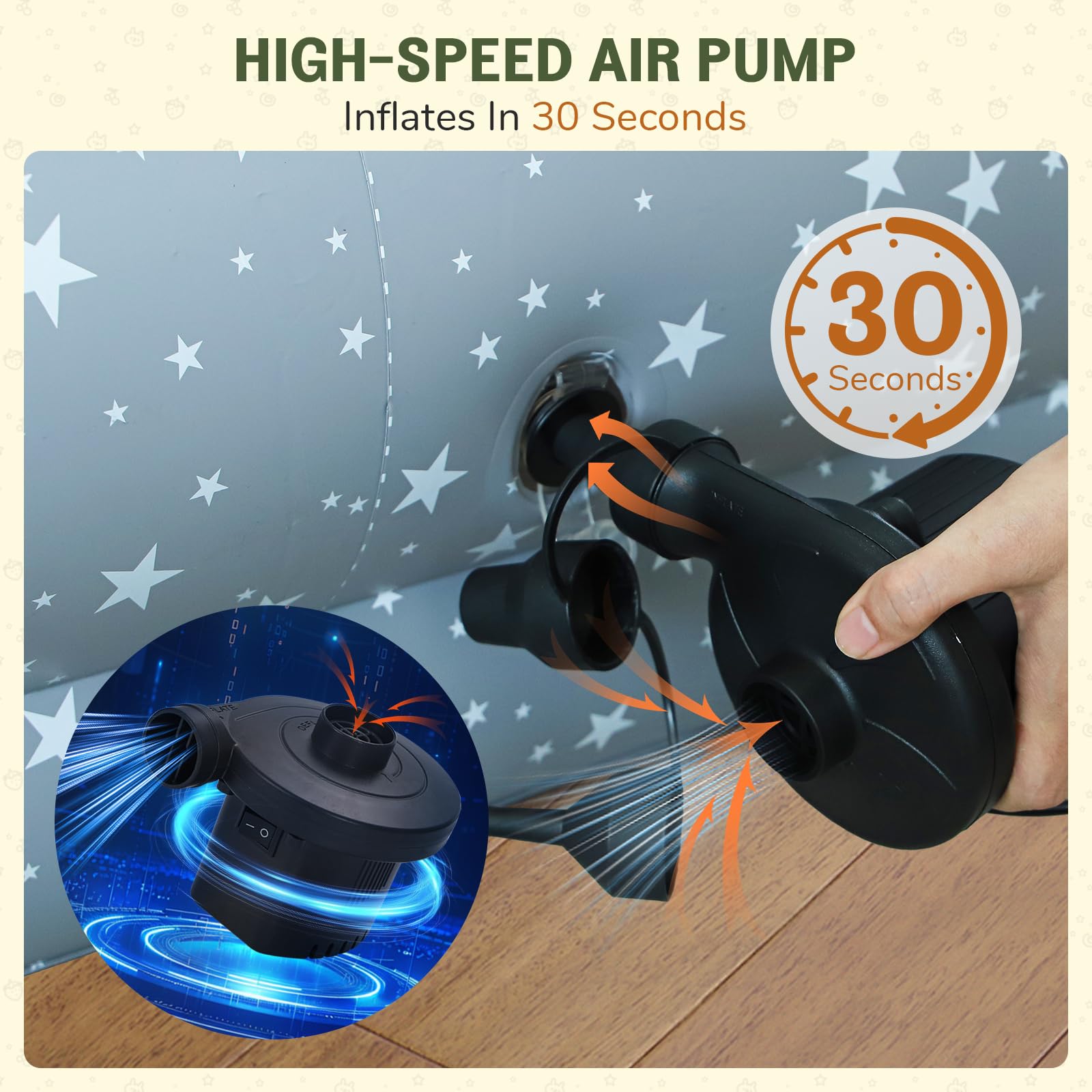 Deeteck toddler bed pump inflates in seconds for quick setup