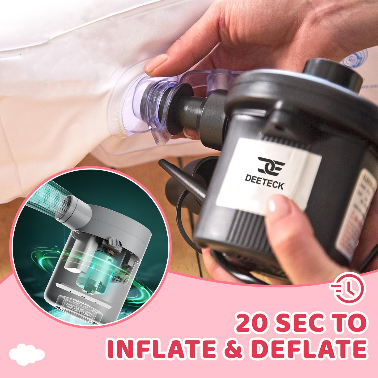 Deeteck high-speed pump with three nozzles inflating the bed quickly.