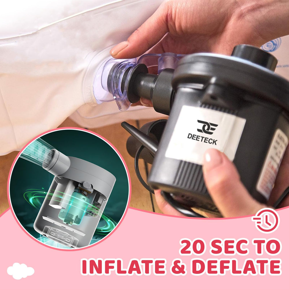 Deeteck high-speed pump with three nozzles inflating the bed quickly.