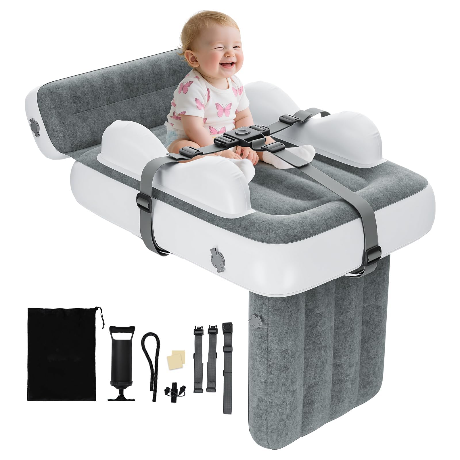 Deeteck inflatable toddler airplane bed folded in its carry bag for easy travel.