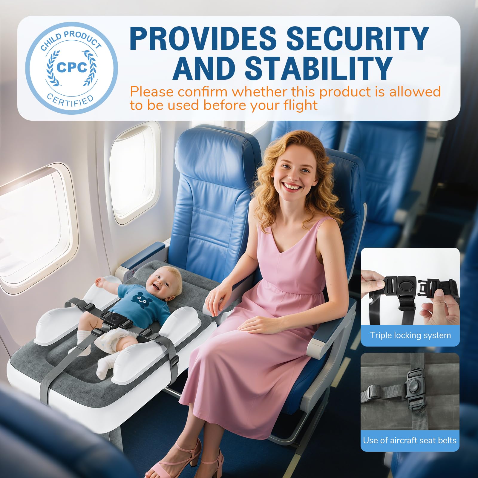 Deeteck toddler bed inflated, supporting a sleeping child during flight.