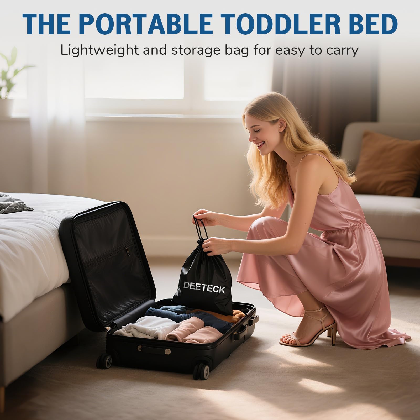 Three adjustable belts on the Deeteck bed extend protection on planes, trains, or cars.