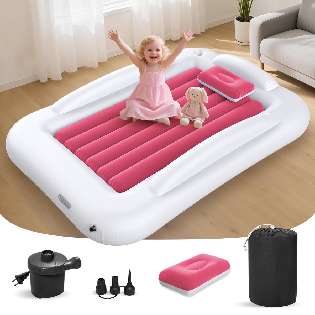 Deeteck inflatable toddler bed 53-inch inflated offers roomy sleep space for travel and play.