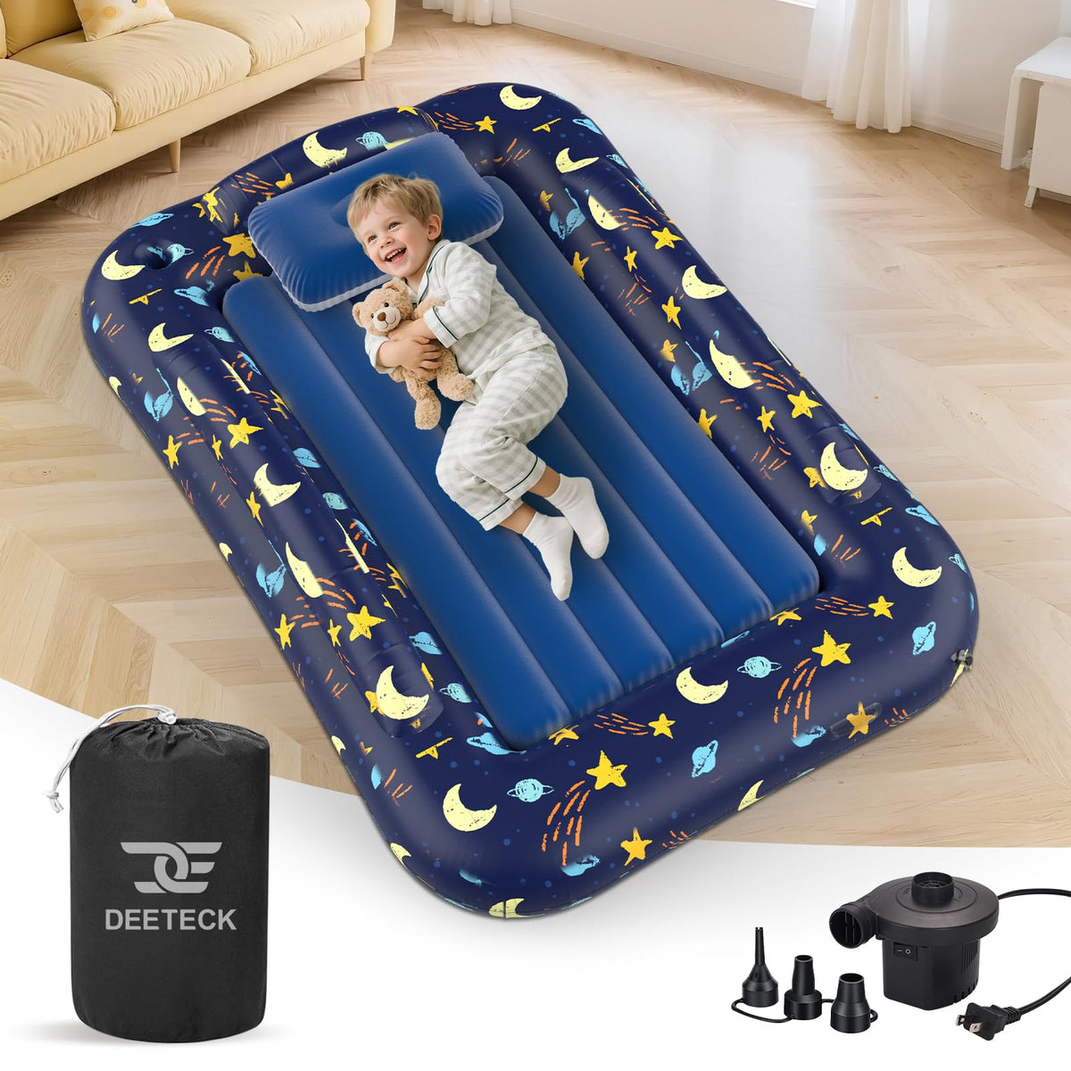 Deeteck inflatable toddler bed with dark blue moon pattern offers safe sleep on trips.