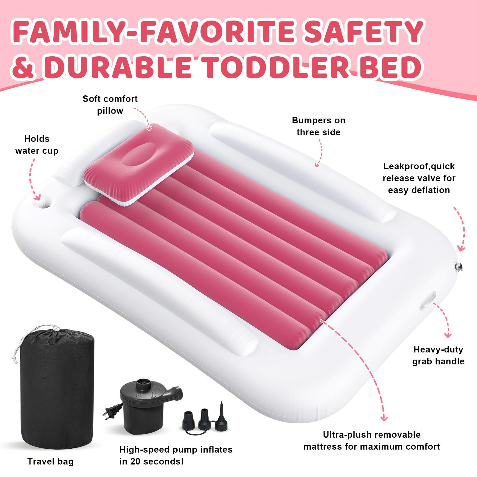 Deeteck lightweight pink toddler bed ideal for family travel and sleepovers.