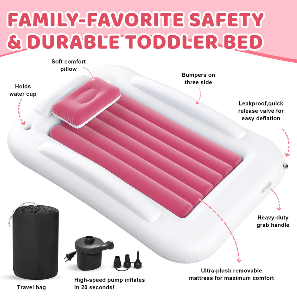 Deeteck lightweight pink toddler bed ideal for family travel and sleepovers.