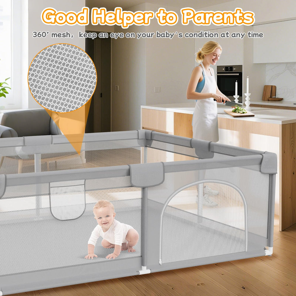 Deeteck playpen with 2 handles—helps babies practice standing.