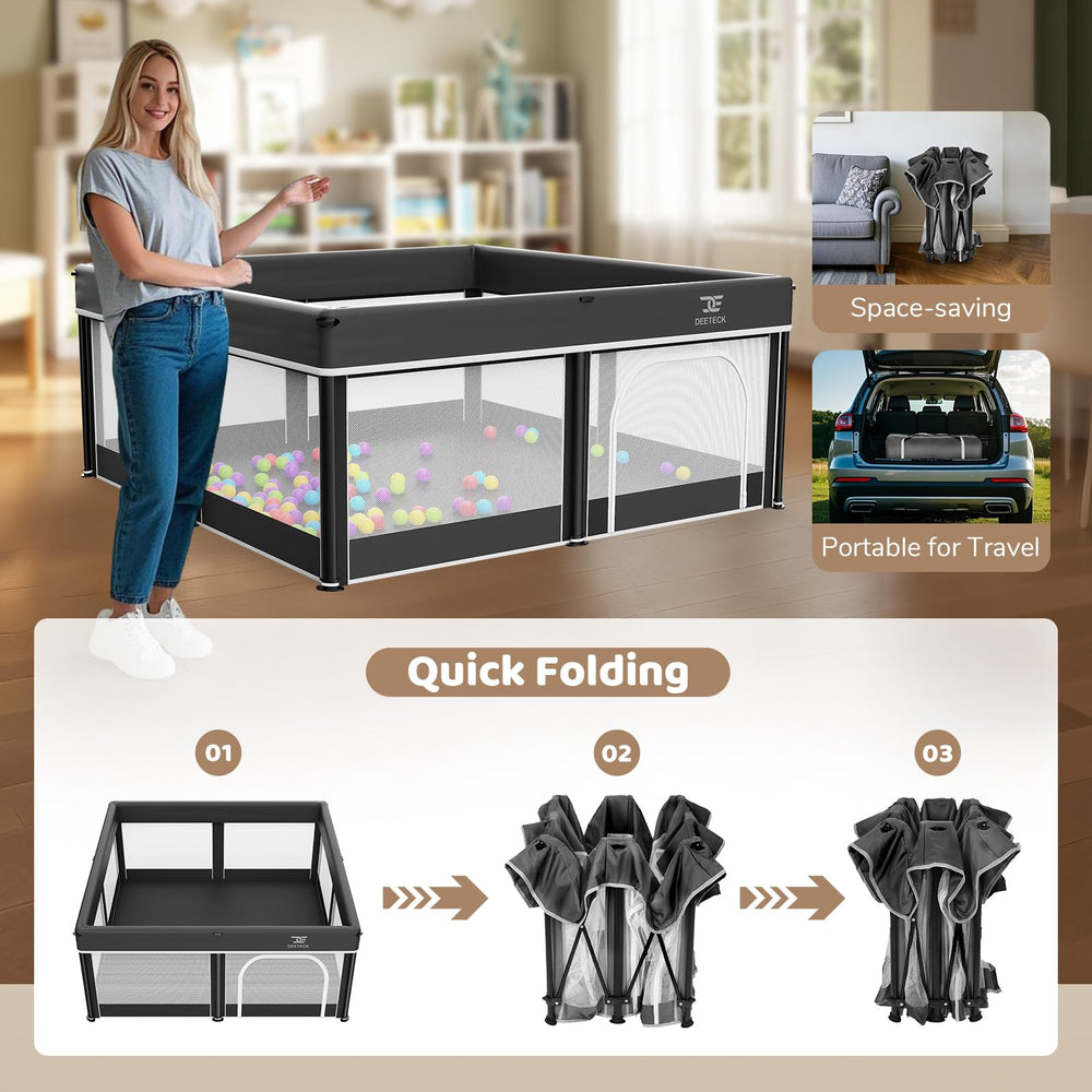 Deeteck playpen with 360-degree mesh view for clear supervision.