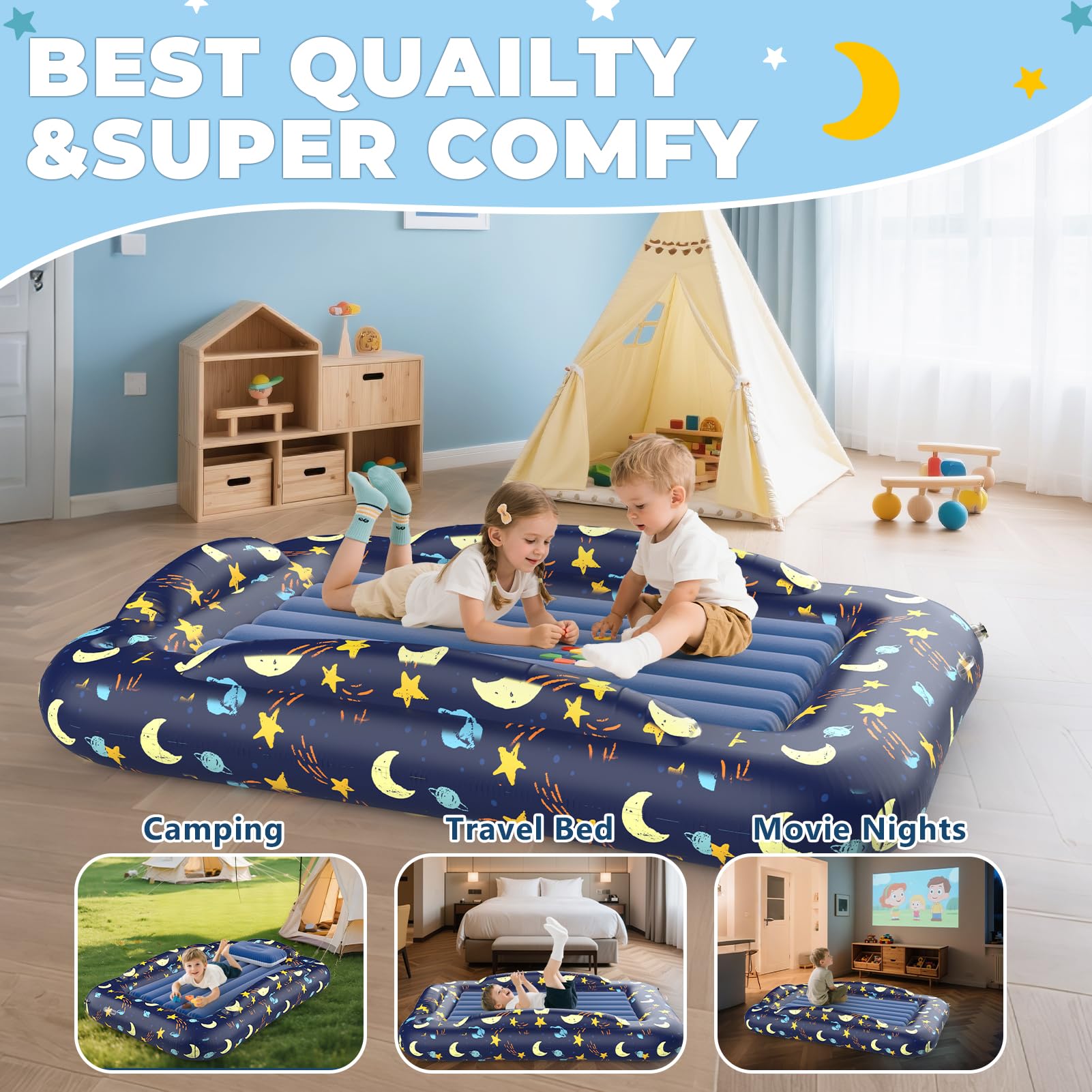 Deeteck toddler bed on a plane or hotel floor demonstrates versatile sleeping arrangement.