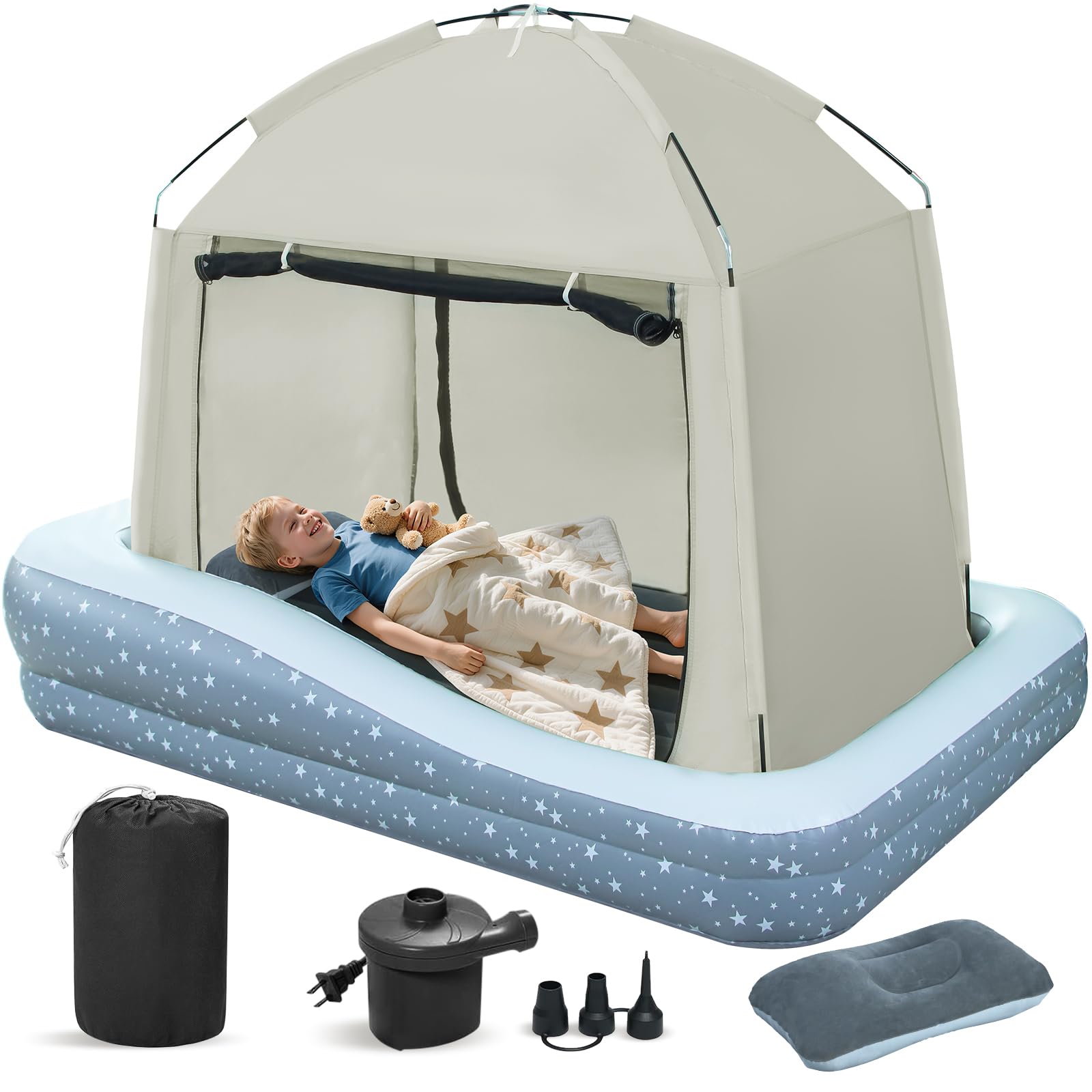 Deeteck inflatable toddler travel bed with tent for safe camping sleep