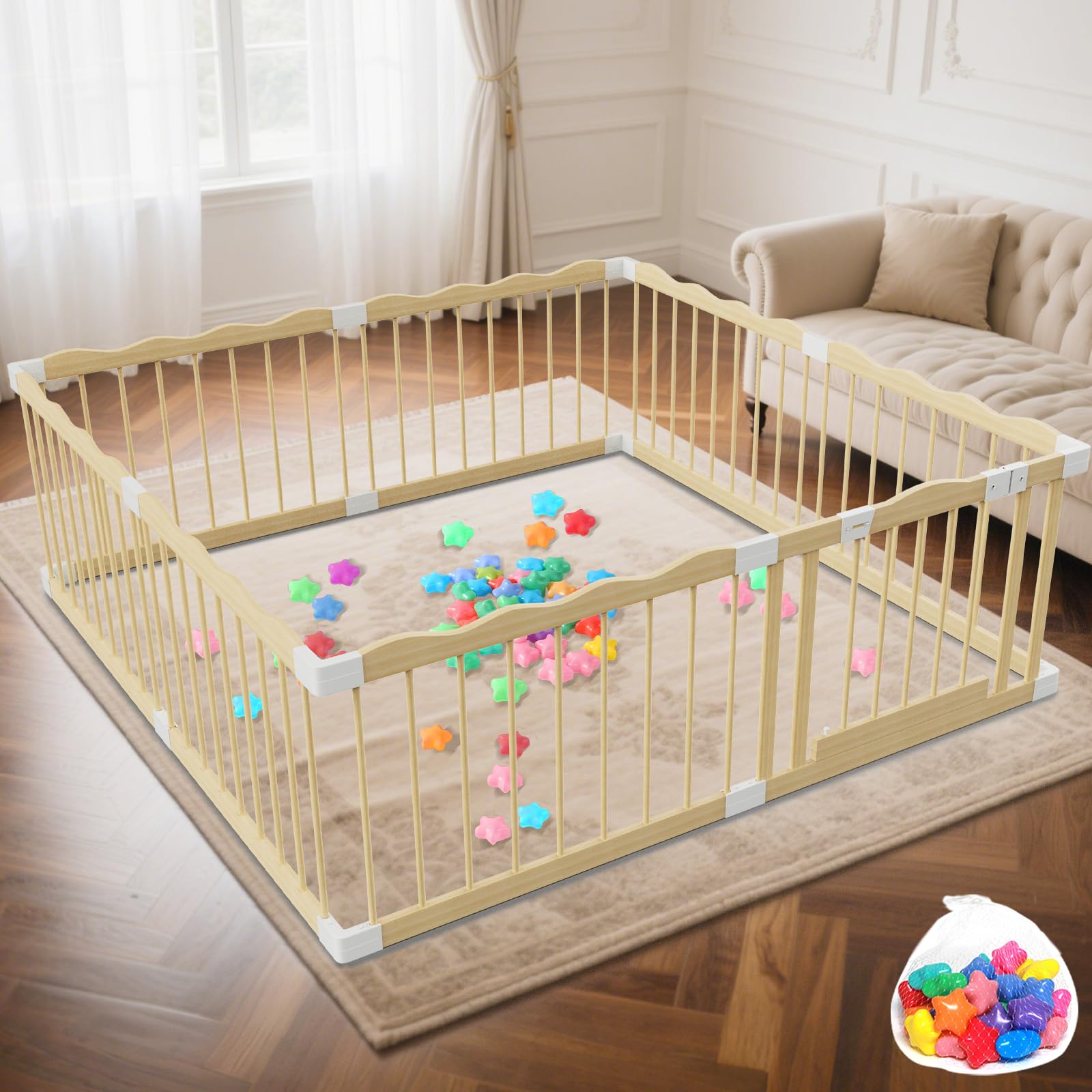 Deeteck wooden baby playpen with wave design, front view showing spacious interior