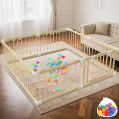 Deeteck wooden baby playpen with wave design, front view showing spacious interior