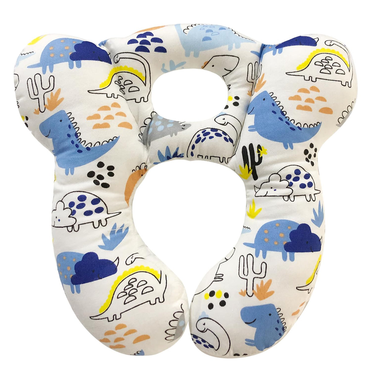DEEZOMO Baby Travel Pillow with blue dinosaur design supports cozy naps on car rides.
