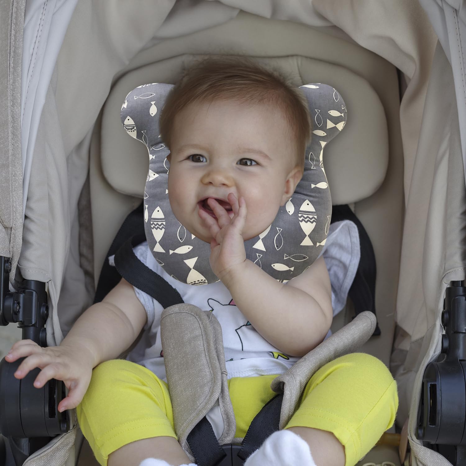 DEEZOMO gray fish pillow in stroller for naps on the go