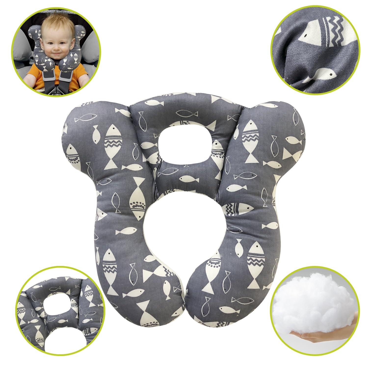 DEEZOMO gray fish travel pillow with soft organic cotton cover for gentle skin contact