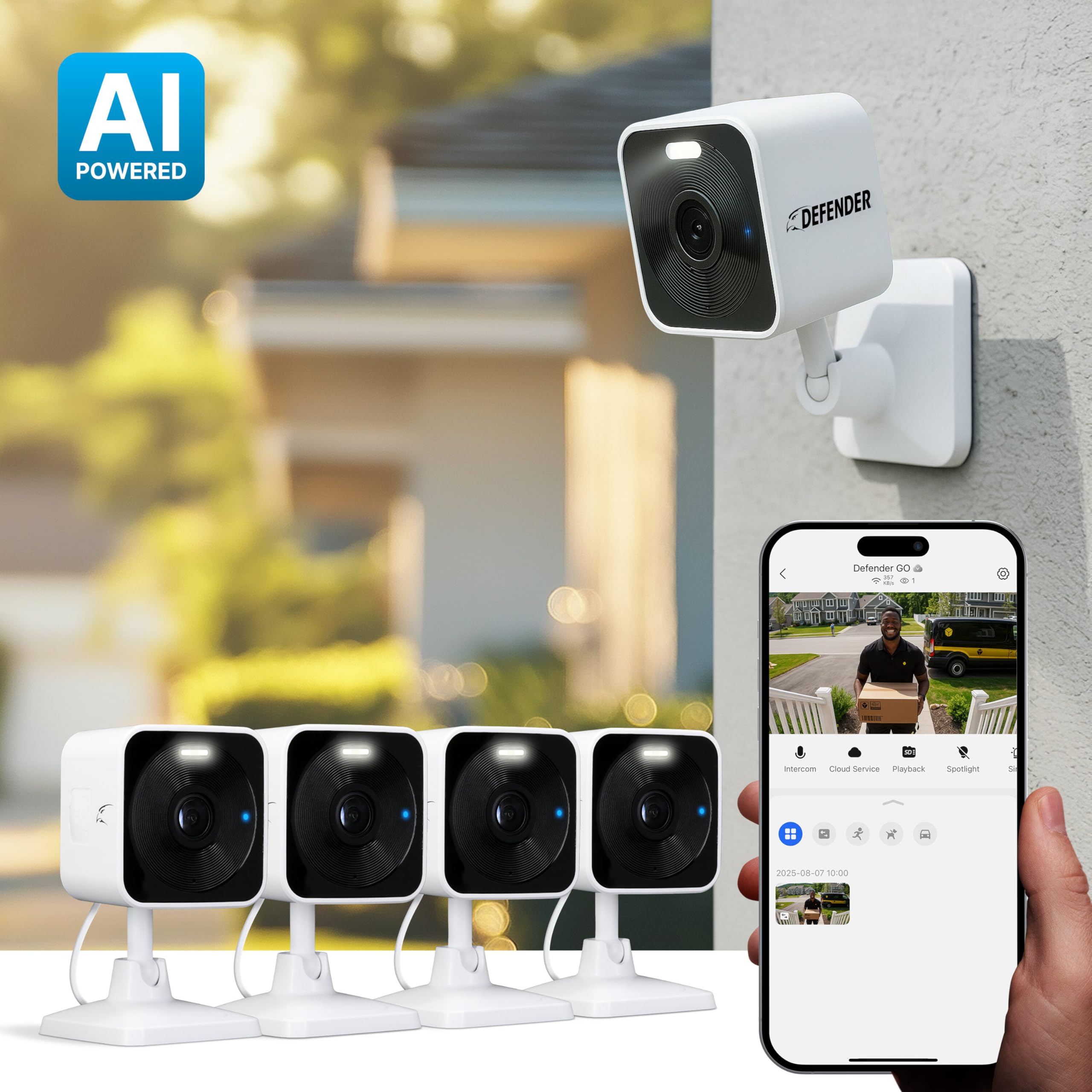 Defender GO 2K AI camera outdoor mount showing easy install and stable coverage
