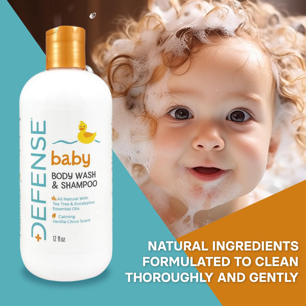Defense Soap Baby Shampoo pump dispenser showing gentle cleansing for sensitive skin