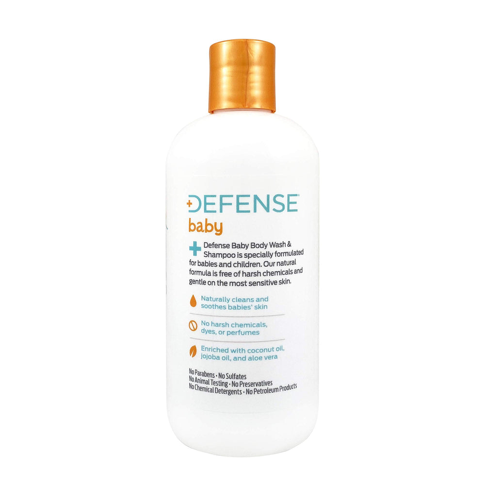 Ingredients list highlighting tea tree and eucalyptus in Defense Soap Baby Shampoo