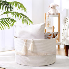Degeyoyo 67L blanket basket enhances living room decor with neutral tones.