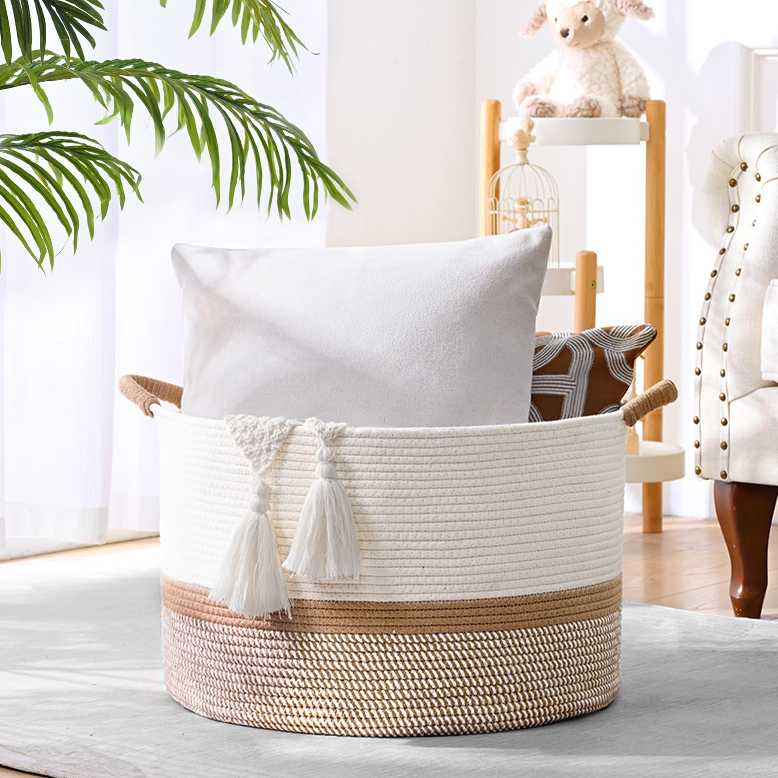 Degeyoyo 67L blanket basket in a living room for blanket organization.
