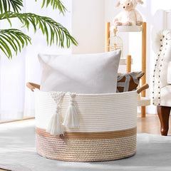Degeyoyo 67L blanket basket in a living room for blanket organization.